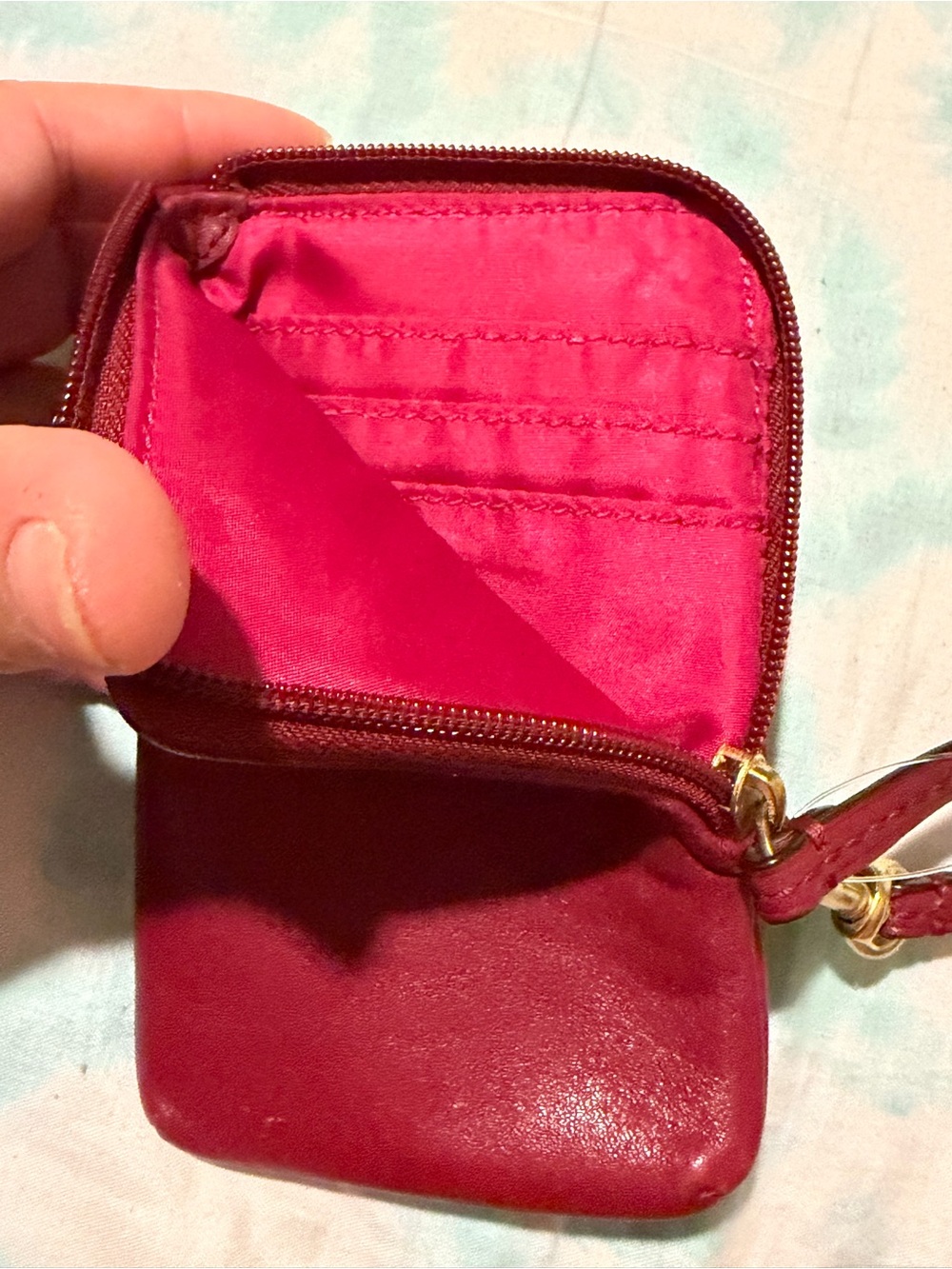 COACH Wine Red Leather Wristlet Phone Pouch with Gold Logo - Picture 2 of 4